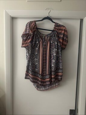 Boho Printed Peasant Top in Rust and Navy - Women
